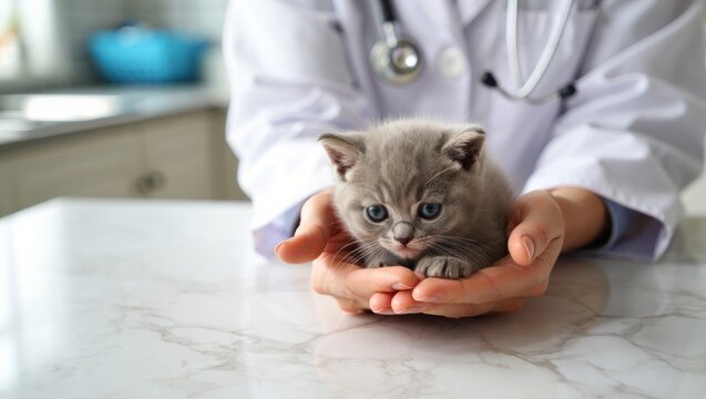Veterinarian holding a small gray kitten in cupped hands during check up, symbolizing animal care, pet health, and veterinary medicine practice