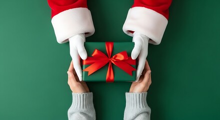 Santa claus hands giving a christmas gift to another person