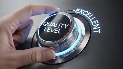 Fototapeta premium Quality Level Excellence: A person's hand precisely adjusts a digital quality level control knob, fine-tuning to achieve Excellent, symbolizing control, precision.