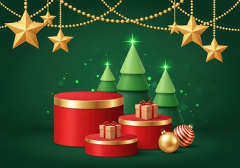 Festive christmas scene with red gift boxes and ornaments isolated on white background