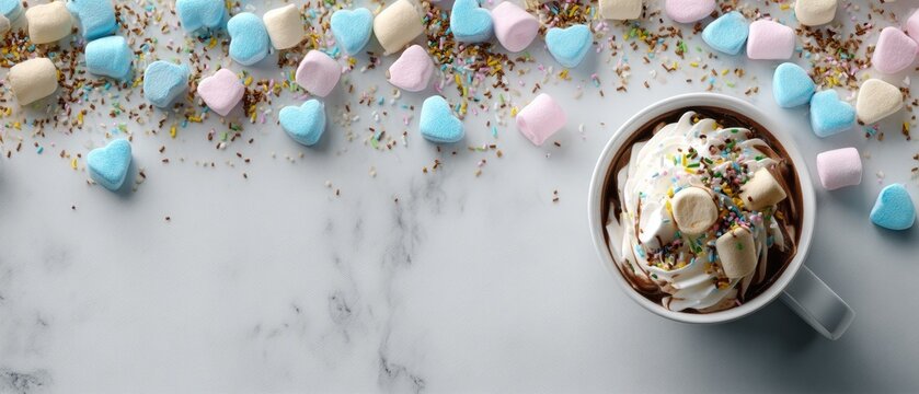 Delicious cup of hot chocolate topped with marshmallows and sprinkles on a light background for a cozy Valentine's Day treat