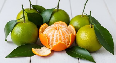 Fresh green tangerines with peel and leaves on white wooden background