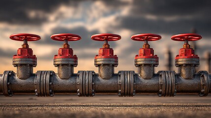 Industrial metal pipeline with five red valve handles silhouetted against dramatic sunset sky, symbolizing infrastructure and energy sector progress