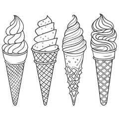 Four different styled ice cream cones are lined up, creating a delicious row