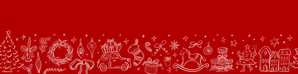 Seamless Christmas border with festive doodles on red background
