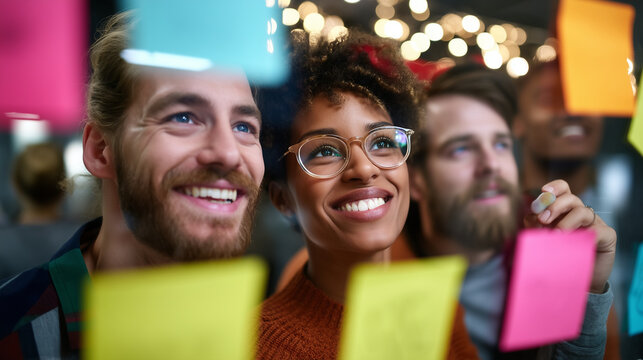 Creative diverse group brainstorming with Christmas post-it notes, winter office workshop, holiday strategy meeting, seasonal startup collaboration, festive planning session, defoc