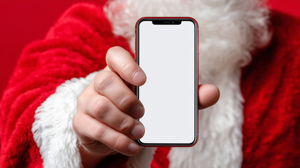santa claus's hand holding a blank screen phone, flat lay, red background, high-resolution photography, insanely detailed, fine details, isolated on a white background, stock phot