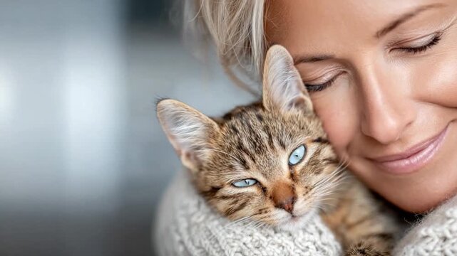 Gentle Embrace: A mature woman cradles a serene tabby kitten in a tender embrace, creating a moment of peace and companionship, expressing unconditional love and affection.