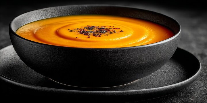 Modern minimalist butternut squash soup presentation for upscale dining, autumn menus, healthy eating, or food branding visuals