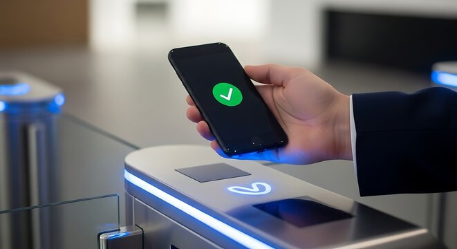 Person uses smartphone with checkmark for access at a modern turnstile