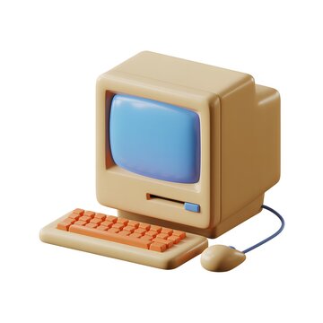 Vintage macintosh computer with keyboard and mouse isolated on white background