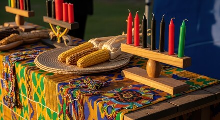 Colorful Kwanzaa celebration display with candles and corn on table