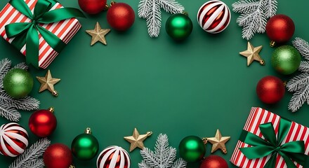 Festive christmas ornaments and gifts border on green background