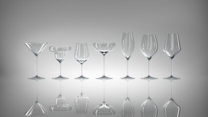 Set of various glasses for cocktails and wine. 3d illustration on light gray glossy gradient background