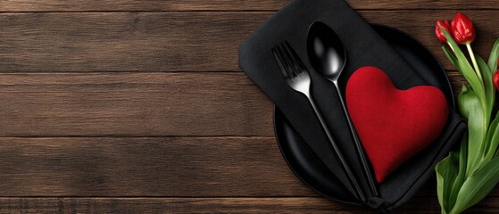 Valentines day tabletop setting with heart-shaped napkin and black plate featuring cutlery and tulips for a romantic dinner