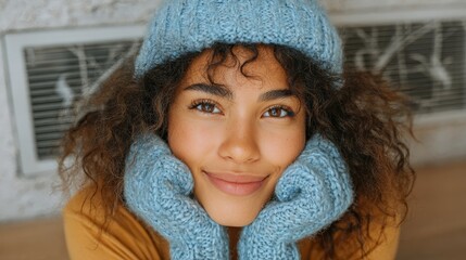 Cheerful young woman in cozy winter attire sits indoors, evoking warmth, comfort, and seasonal lifestyle for fashion or holiday marketing