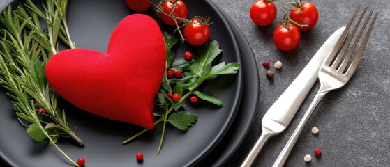 Valentines day table setting featuring a red heart-shaped napkin on a black plate with fresh herbs and cherry tomatoes for a romantic dinner