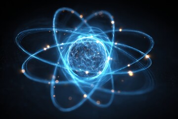 This visual displays a vibrant atom with spinning electron orbits and radiant energy particles. The background is dark, highlighting the glow of the atomic structure and its movement