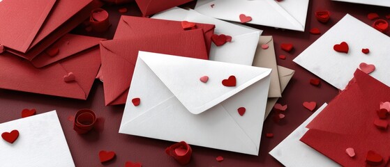Blank white cards in red envelopes scattered on a dark burgundy surface with heart decorations for a romantic celebration or event