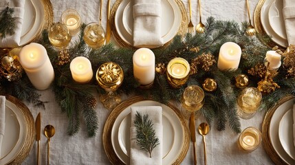 A festive Christmas dinner table with candles, pine branches, and golden accents arranged in a warm, elegant setting.
