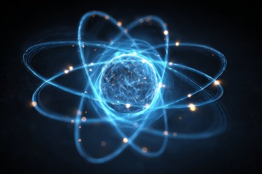This visual displays a vibrant atom with spinning electron orbits and radiant energy particles. The background is dark, highlighting the glow of the atomic structure and its movement