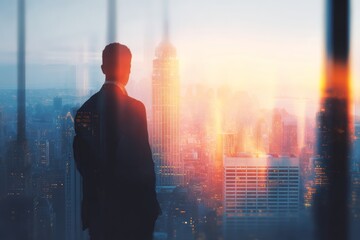 A businessman stands in a high-rise building, gazing out at the vibrant skyline filled with skyscrapers at sunset. The sky features warm colors that blend beautifully with the cityscape