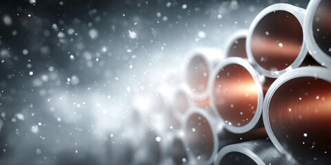 Stacked metal pipes in focus with floating particles, highlighting industrial manufacturing, engineering, and modern construction materials