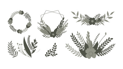 Hand drawn botanical wreath and floral foliage set with leafy branches and rustic flower elements