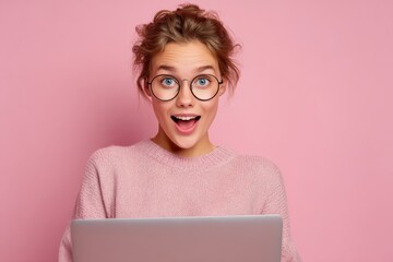 A cheerful young woman with glasses, wearing a pink sweater, appears delighted while working on her laptop in front of a bright pink backdrop, capturing a moment of happiness and surprise