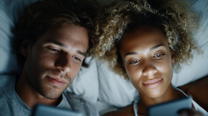 A couple lying in bed side by side but facing opposite directions, both scrolling their phones, blue light illuminating their faces. Realistic night-time skin tones, hair flattenin