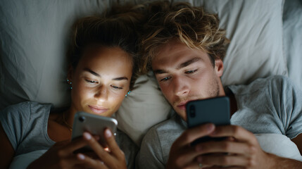 A couple lying in bed side by side but facing opposite directions, both scrolling their phones, blue light illuminating their faces. Realistic night-time skin tones, hair flattenin