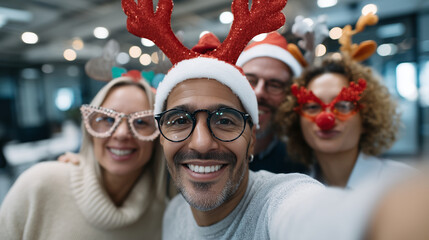 Faceless team taking selfie with Christmas props, defocused lights, winter office fun, holiday social media photo, seasonal employee bonding, festive workplace culture, New Year's corporate party