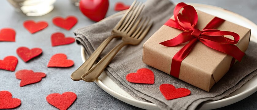 Creative valentines day table setting featuring red napkin and golden cutlery against a romantic backdrop with gift box and heart decorations