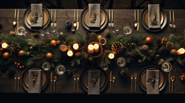 Elegant Christmas dinner table setup with candles, pine branches, and golden accents arranged in a luxurious flat lay.