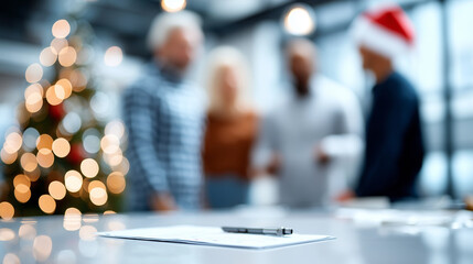 Faceless team building setting with blurred Christmas background, winter collaboration concept, holiday minimalistic design, seasonal dialog promotion, defocused festive elements,
