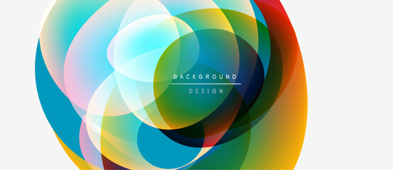 Abstract colorful circles overlap creating dynamic visual effect. Bright hues blend, forming modern background design.