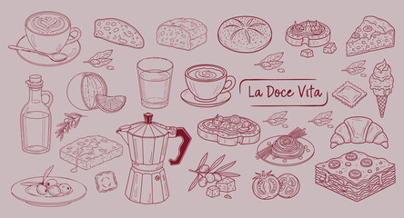 La Dolce Vita Italian Food Doodle Set – Hand-Drawn Café Breakfast and Dinner Line Art Illustrations