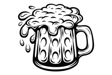 Detailed shows overflowing foam beer mug with bold, tribalstyle linework