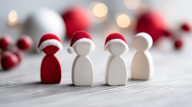 Faceless team building setting with blurred Christmas background, winter collaboration concept, holiday minimalistic design, seasonal dialog promotion, defocused festive elements,