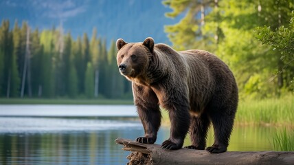 Fototapeta premium Majestic grizzly bear standing on a log by a serene lake