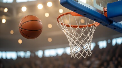 Fototapeta premium Basketball in mid air approaching the hoop during a game