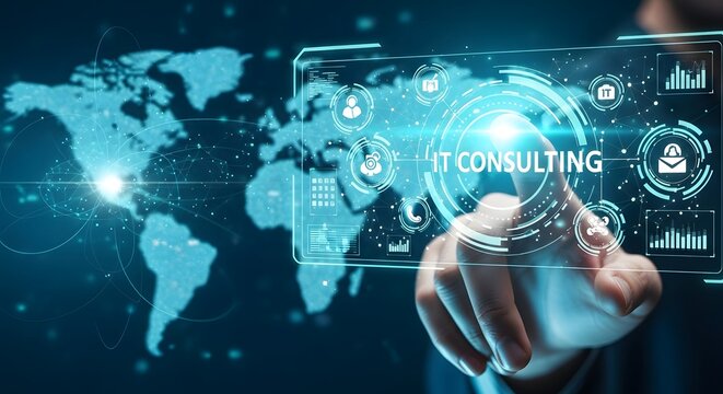 Illustration of a finger presses a glowing it consulting button on a futuristic interface with a world map in the background, symbolizing modern business solutions