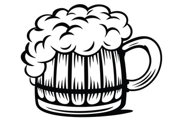 A beer mug overflowing with foam is outlined in black against a white background