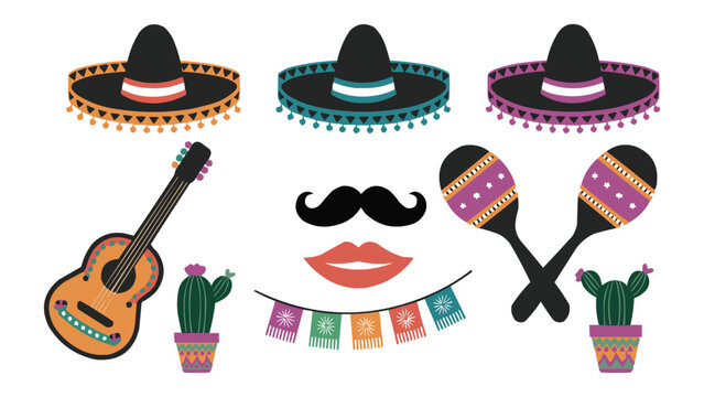 Mexican fiesta elements with sombrero, guitar, cactus, maracas, and papel picado in colourful vector illustration set
