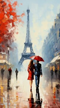 Romantic couple walking in Paris under umbrella
