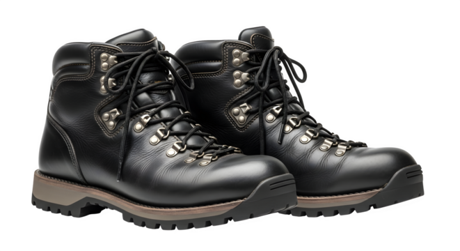 Pair of black leather hiking boots with laces isolated on transparent background