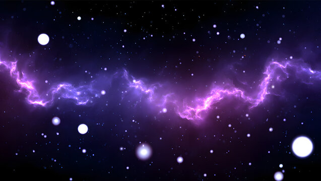 Vibrant purple nebula swirls through starry cosmic expanse