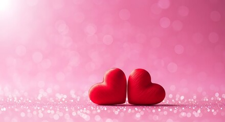 Two red hearts on a sparkling pink background for love and romance concept
