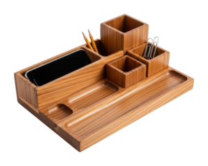 Organized desk accessories office wooden holder minimalist design isolated on transparent background