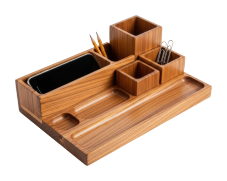 Organized desk accessories office wooden holder minimalist design isolated on transparent background